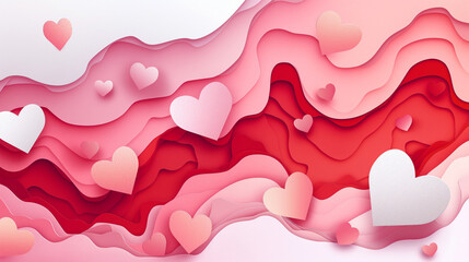 Valentine's Day Themed Red and Pink Hearts Floating on Wave-like Background