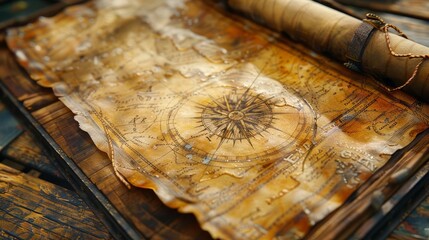 Craft a stunning antique map side view with intricate cartographic details, featuring ornate compass roses, elegant script labels, and aged parchment textures