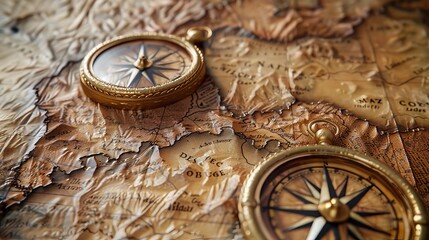Craft a stunning antique map side view with intricate cartographic details, featuring ornate compass roses, elegant script labels, and aged parchment textures