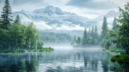 Misty Morning at the Lake, Peaceful Reflection of Mountains and Forest in Canada