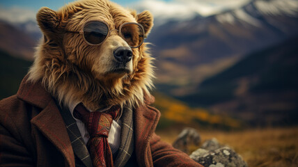 debonair bear in a tweed blazer, accessorized with a tartan scarf and a monocle.