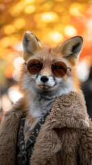Fashion-forward fox in a faux fur coat, wearing oversized sunglasses,