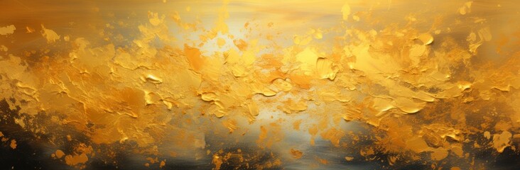 This panoramic image showcases a vibrant abstract acrylic painting with dynamic golden and yellow hues, evoking luxury and creativity across a textured canvas