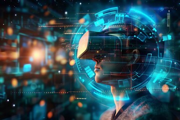 man wearing virtual reality headset futuristic user interface graphics immersive digital experience 3d illustration