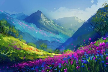 miraculous spring landscape lush green panorama vibrant colors digital nature painting