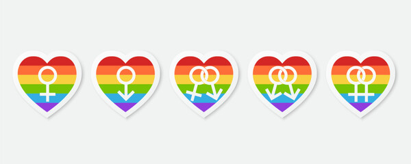 Gender symbols on the rainbow flag inside the heart shape. Symbol of pride month. Lesbian Gay Bisexual Transgender. Element for Social post, banner and poster. Vector Illustration.