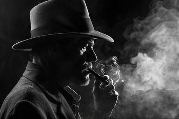 mysterious man in fedora hat smoking cigar vintage noir style dramatic lighting and shadows black and white photography