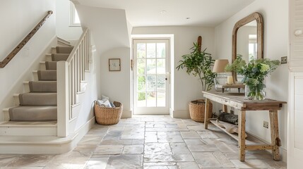 A bright, coastal-style entrance hall with natural stone tiles, a reclaimed wooden table, and a driftwood-framed mirror.