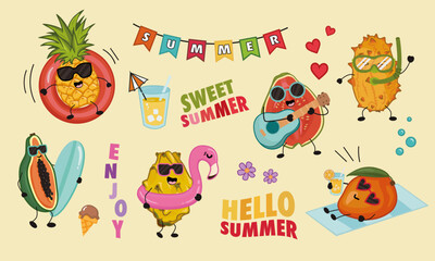 Set of funny summer fruits character. Yellow dragon fruit, guava, mango, pineapple, papaya etc. Colorful summer collection. 