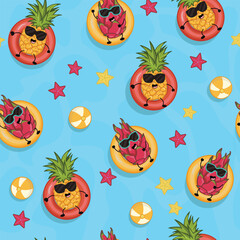 Seamless summer pattern. Pineapple and dragon fruit  floating on pool floats on the blue water background.