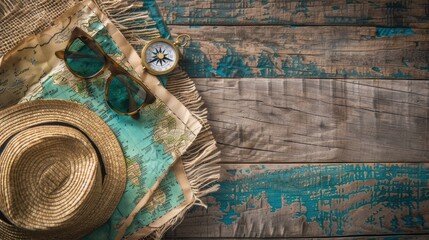 A stylish display of a hat, compass, sunglasses, and a map on a wooden table. The wood adds an artistic touch to this collection of travel essentials AIG50