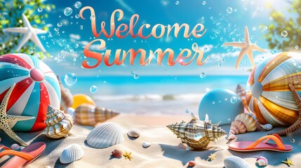 A bright "Welcome Summer" banner with colorful beach balls, seashells, and flip-flops, set against a clear blue sky background.
