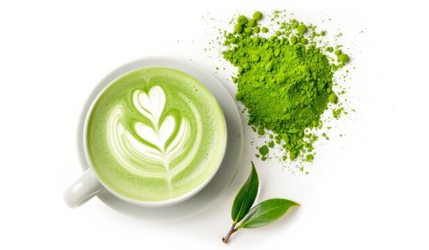 Matcha green tea latte with art foam, heart design, and fresh Matcha powder and leaves, isolated on white background