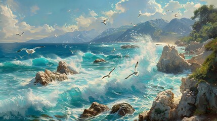 A coastal view from a cliffside, with turquoise waves crashing against rugged rocks below and seagulls flying overhead.
