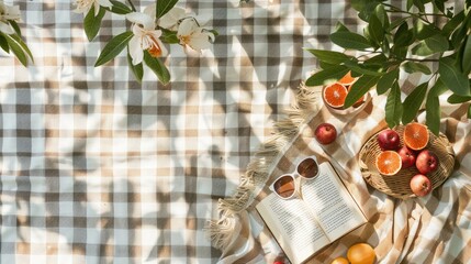A plantbased picnic blanket with a variety of natural foods and a book on a beach with grass patterns, creating an artistic and relaxing atmosphere AIG50