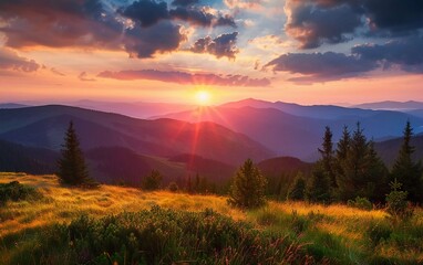 Naklejka premium Majestic sunset in mountain landscape. Carpathians, Ukraine, Europe. very beautiful scenery