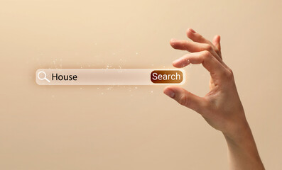 House hunting. Woman holding virtual search bar on beige background, closeup. Banner design