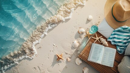 A beautiful beach landscape featuring a book, hat, starfish, seashells, and a refreshing drink by the aqua water. The perfect spot to relax and enjoy the sun AIG50
