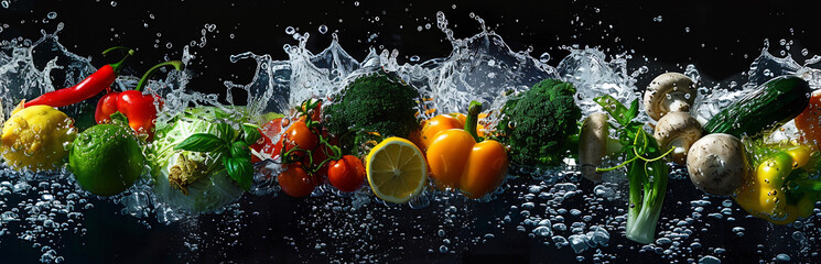 Dynamic Splash of Fresh Vegetables and Fruits