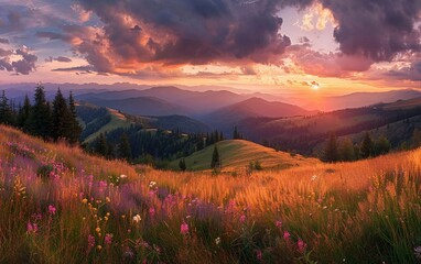 Fototapeta na wymiar Majestic sunset in mountain landscape. Carpathians, Ukraine, Europe. very beautiful scenery