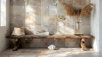 A cozy, modern coastal foyer with stone tiles on the walls, a rustic wooden bench, and a glass vase filled with seashells.