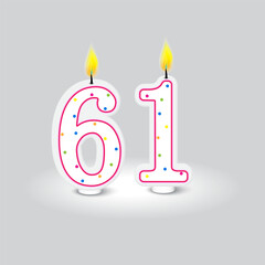 Birthday candles 61. Colorful dots. Celebration numbers. Vector design.