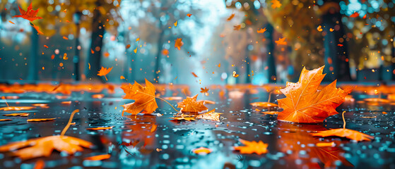 Rain-Drenched Autumn Leaves, Vibrant Colors of Fall, Close-Up on Wet Foliage