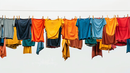 The clothesline is strung horizontally, and the T-shirts are attached with clothespins on white background