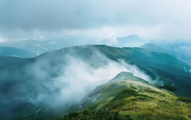 Fototapeta na wymiar Majestic view of beautiful mist mountains in mist landscape. Unusual dramatic scene. very impressive view
