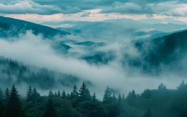 Majestic view of beautiful mist mountains in mist landscape. Unusual dramatic scene. very impressive view