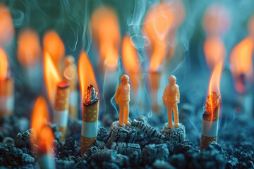 A group of small figurines are set on fire in a pile of ash