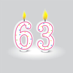 Birthday candle numbers 63. Gradient light top. Colorful dots. Vector illustration.