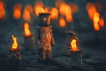 A man made out of paper is standing in front of a fire