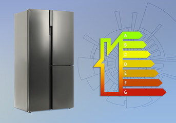 Energy efficiency rating label and refrigerator on light blue background