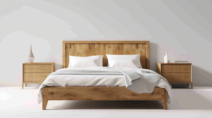 A wooden bed with white pillows and a white blanket