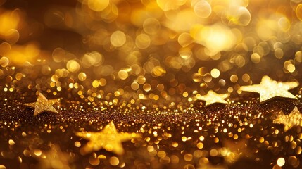 Gold defocused glitter background with golden stars 