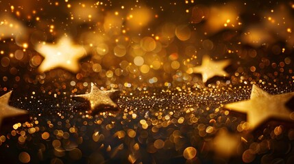 Gold defocused glitter background with golden stars 