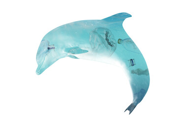Plastic garbage in ocean and dolphin, double exposure. Environmental pollution
