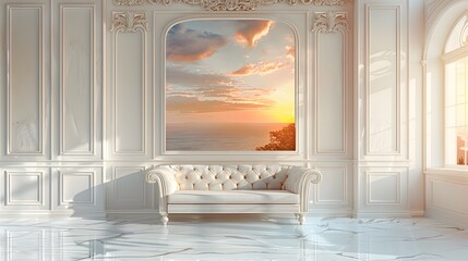 A designer sofa set centered in a luxury room with pastel wall moldings and a sunset over a winding river in the background.