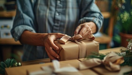 Fototapeta premium A captivating close-up of a small business owner's hands carefully tying a ribbon around a package, adding a final touch of elegance and sophistication before it's sent off to its recipient.