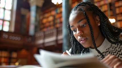 Female college student studying and taking notes in a library