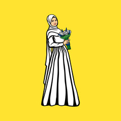 Islamic Muslim women wearing white dresses and carrying flowers cartoon vector illustration