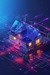 Technology Concept: Futuristic smart home with neon lighting and digital overlay