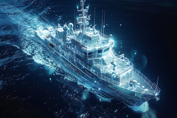 A research vessel sails through the ocean, depicted in wireframe style, exploring and studying marine environments with advanced technology