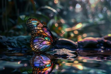Butterfly with wings resembling stained glass, set in a tranquil scene