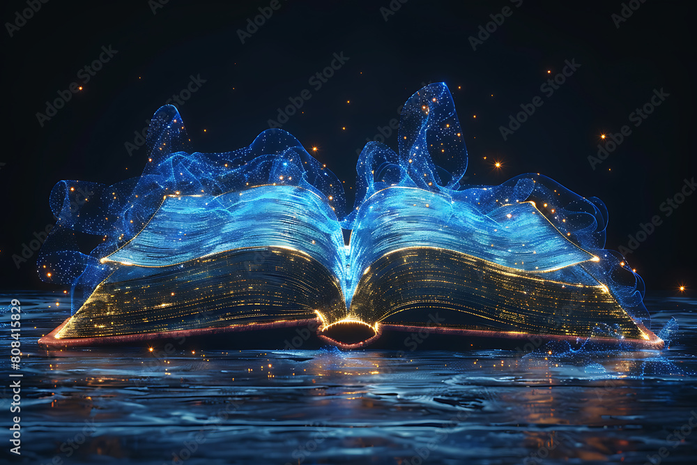 Poster an open book depicted in wireframe style, representing knowledge and learning in the digital age wit