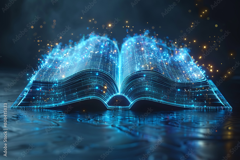 Poster an open book depicted in wireframe style, representing knowledge and learning in the digital age wit