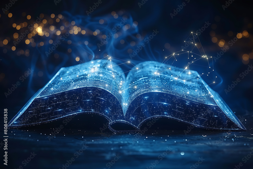 Poster an open book depicted in wireframe style, representing knowledge and learning in the digital age wit