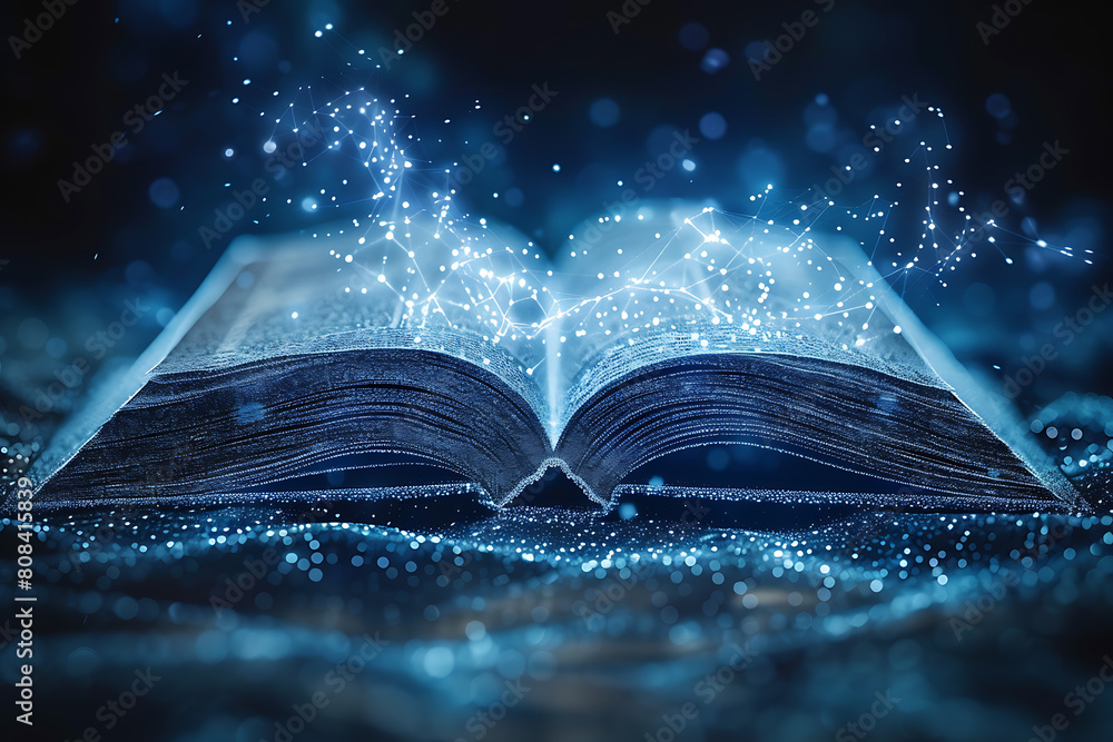 Poster an open book depicted in wireframe style, representing knowledge and learning in the digital age wit