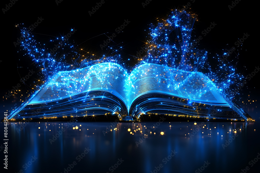 Poster an open book depicted in wireframe style, representing knowledge and learning in the digital age wit